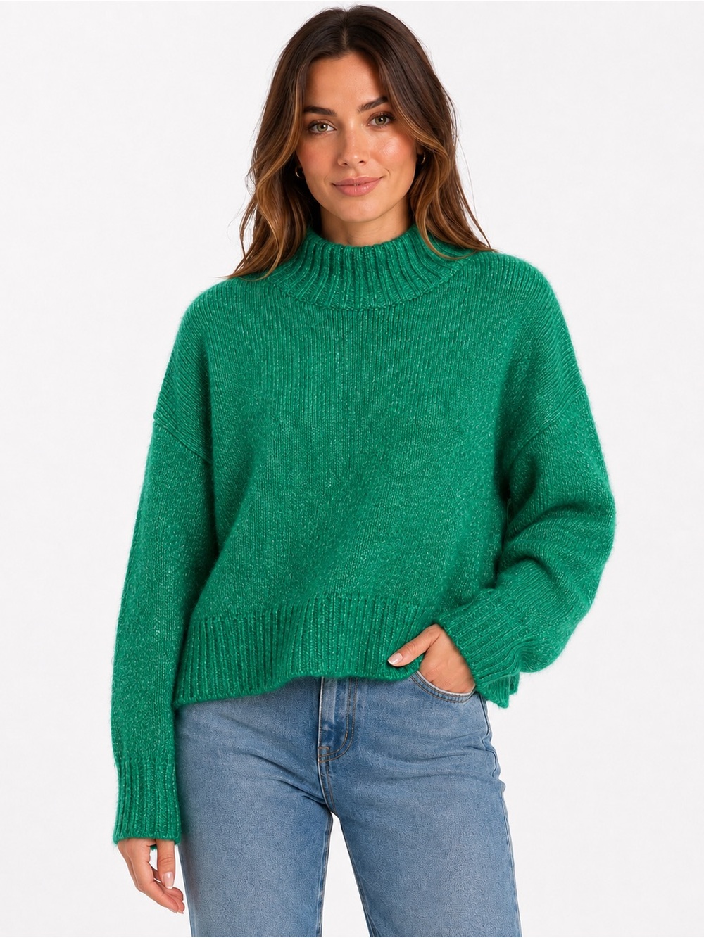 LOFT Emerald Green Fuzzy Knit Mock Neck Cropped Sweater Size M